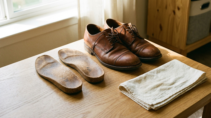 Zwei orthopädische Einlagen liegen zum Auslüften neben einem Paar bequemer Lederschuhe auf einem sauberen Holztisch. Ein leicht feuchtes Baumwolltuch liegt ordentlich daneben. Helle, aufgeräumte Umgebung, realistische Texturen.