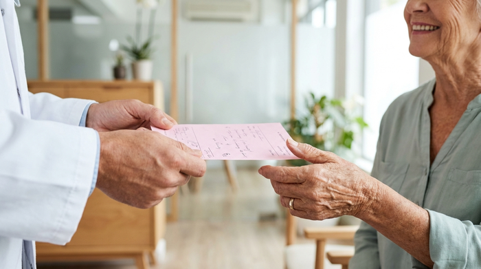 Ein Arzt in einer hellen, modernen Praxis überreicht einer lächelnden Seniorin ein Rezept. Fokus auf die Hände und das rosafarbene Papier, realistische Szene, ohne lesbaren Text.