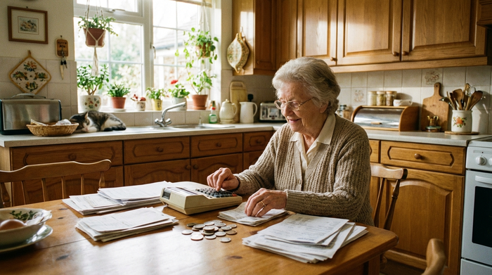Eine ältere Dame sitzt am Küchentisch und sortiert mit einem Taschenrechner und einigen Münzen ihre Unterlagen. Gemütliche, aufgeräumte Küche, Tageslicht, realistische Fotografie ohne Text.