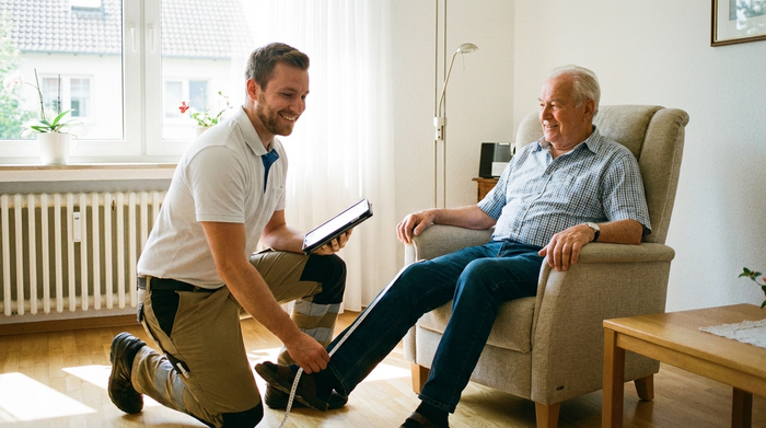 Ein freundlicher Mitarbeiter eines Sanitätshauses misst das Bein eines älteren Herrn im heimischen Wohnzimmer aus. Professionelle und fürsorgliche Atmosphäre, helles Licht, ohne Text.