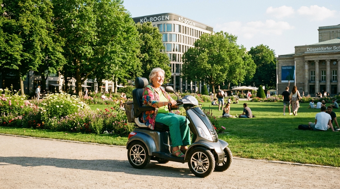 Eine aktive Seniorin fährt mit einem modernen Elektromobil durch einen grünen Park in Düsseldorf. Sonniges Wetter, entspannte Stimmung, realistische Fotografie, keine lesbaren Texte.