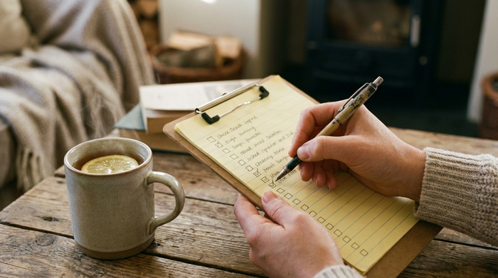 Eine Nahaufnahme von Händen, die mit einem Stift eine Checkliste auf einem Klemmbrett abhaken. Eine Tasse Tee steht daneben auf einem Holztisch, gemütliche Atmosphäre, keine lesbaren Texte.