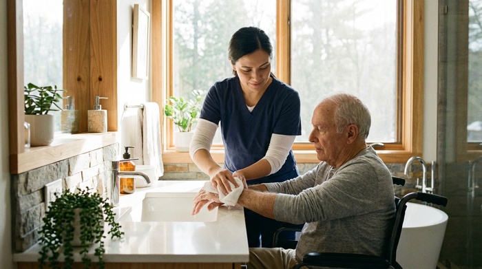 Eine einfühlsame Pflegekraft wäscht behutsam die Hände eines älteren Herrn mit einem weichen weißen Waschlappen am Waschbecken eines hellen, modernen Badezimmers.
