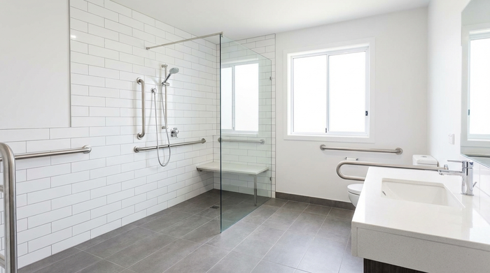 Ein modernes, barrierefreies Badezimmer mit einer großzügigen, bodengleichen Dusche, stabilen Edelstahl-Haltegriffen an den weißen Wänden und rutschfesten grauen Fliesen, hell und makellos sauber.