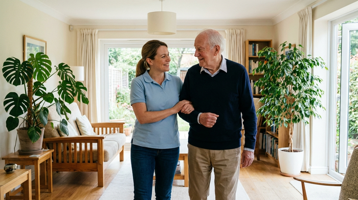 Eine einfühlsame Pflegekraft stützt einen älteren Herrn behutsam beim Gehen durch ein helles, aufgeräumtes Wohnzimmer. Beide lächeln entspannt. Im Hintergrund stehen gemütliche Holzmöbel und große grüne Zimmerpflanzen.