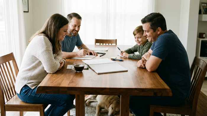 Eine Familie sitzt konzentriert an einem großen Esstisch und bespricht Notizen auf einem leeren Notizblock. Eine Tasse Kaffee steht auf dem Tisch. Die Atmosphäre ist ruhig, liebevoll und konstruktiv.