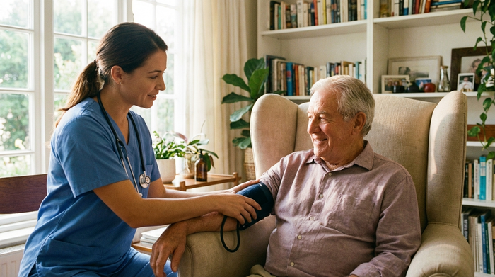 Eine professionelle Pflegerin legt einem entspannten Senior schonend eine Blutdruckmanschette an. Der Senior sitzt bequem in einem weichen Ohrensessel in einem lichtdurchfluteten Raum mit Bücherregalen im Hintergrund.