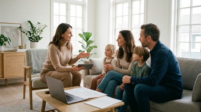 Eine kompetent wirkende Frau in eleganter Alltagskleidung erklärt einer aufmerksamen Familie im Wohnzimmer verschiedene Details. Sie sitzen gemeinsam auf einem modernen Sofa, die Stimmung ist vertrauensvoll und offen.
