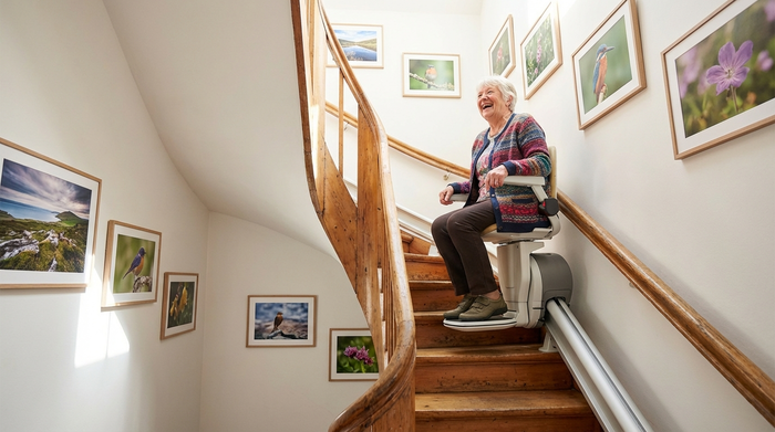 Eine fröhliche ältere Dame fährt sicher auf einem modernen Treppenlift eine geschwungene Holztreppe hinauf. Das Treppenhaus ist hell und freundlich gestaltet, mit gerahmten Naturfotografien an den Wänden.
