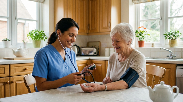 Eine professionelle Pflegekraft in blauer Dienstkleidung misst den Blutdruck einer älteren Dame an einem Küchentisch. Im Hintergrund eine aufgeräumte, helle Küche. Realistisch, empathisch, ohne Text.