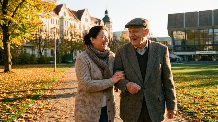 Eine osteuropäische Betreuungskraft und ein Senior spazieren gemeinsam lachend durch einen sonnigen Park in Leipzig. Beide tragen leichte Herbstkleidung. Warmes Licht, entspannte Atmosphäre.