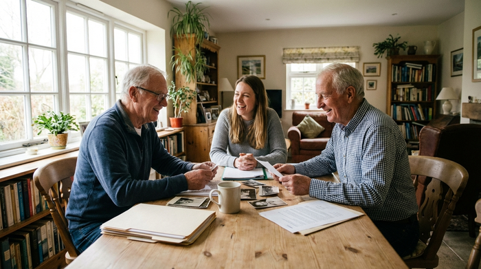Ein älteres Ehepaar sitzt gemeinsam mit ihrer Tochter am Esstisch und schaut sich lächelnd Dokumente an. Eine Tasse Kaffee steht auf dem Tisch. Entspannte, familiäre Beratungssituation, helles Raumlicht.