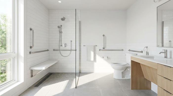 Ein modernes, helles und barrierefreies Badezimmer mit einer ebenerdigen Dusche und Haltegriffen an den Wänden. Sauber, aufgeräumt und sicher gestaltet.