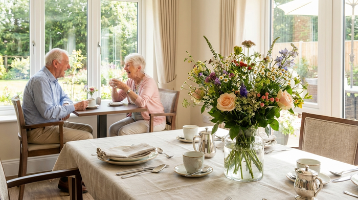 Ein stilvoll gedeckter Esstisch in einem hellen Speisesaal einer Senioreneinrichtung. Frische Blumen stehen auf dem Tisch, im Hintergrund unterhalten sich zwei Senioren angeregt bei einer Tasse Kaffee.