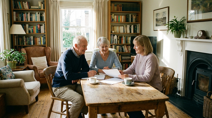 Ein älteres Ehepaar sitzt gemeinsam mit einer freundlichen Beraterin an einem Holztisch in einem gemütlichen Wohnzimmer. Sie betrachten entspannt und lächelnd einige Dokumente.