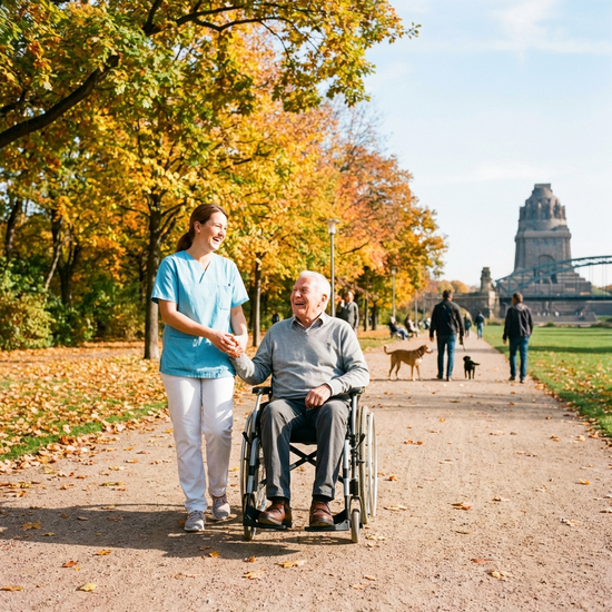 Eine fürsorgliche Pflegekraft spaziert gemeinsam mit einem fröhlichen Senior im Rollstuhl durch einen sonnigen, herbstlichen Park in Leipzig. Beide lachen und genießen das Wetter.