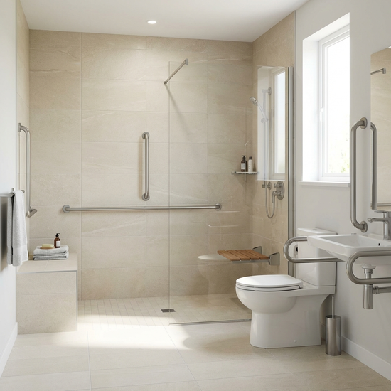 Ein modernes, barrierefreies Badezimmer mit einer großzügigen, bodengleichen Dusche, stabilen Haltegriffen und hellen Fliesen. Alles wirkt sehr sauber, einladend und sicher.