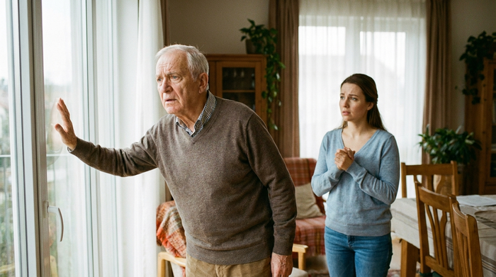 Ein älterer Herr blickt leicht desorientiert aus dem Fenster einer gepflegten Wohnung, während eine jüngere Frau im Hintergrund besorgt wirkt. Realistische Szene, weiches Tageslicht, warme Farben.