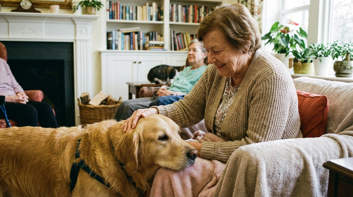 Eine ältere Frau streichelt glücklich einen ruhigen Therapiehund, der seinen Kopf auf ihren Schoß gelegt hat. Gemütlicher Aufenthaltsraum, liebevolle und friedliche Atmosphäre, realistische Fotografie.