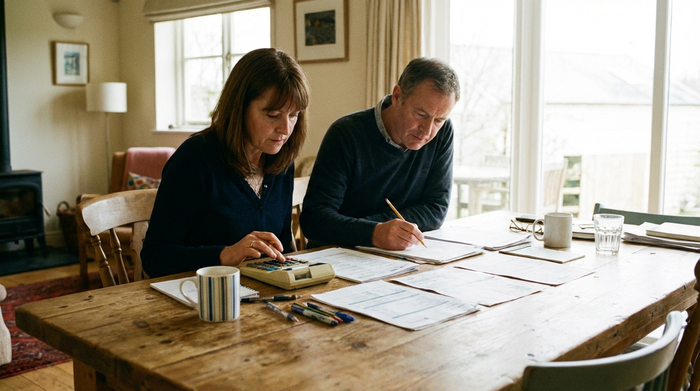 Zwei erwachsene Menschen sitzen an einem Holztisch, betrachten konzentriert einige Papiere und rechnen mit einem Taschenrechner. Ernsthafte, aber konstruktive Atmosphäre, gut beleuchteter Raum.