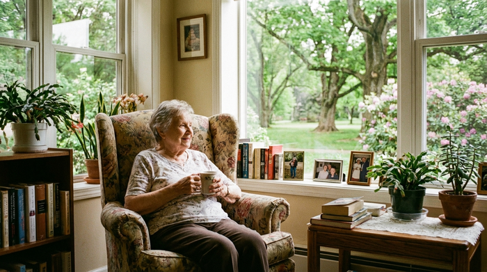Eine ältere Dame sitzt entspannt in einem gemütlichen Sessel in einem sonnendurchfluteten Zimmer einer Kurzzeitpflegeeinrichtung und blickt freundlich aus dem Fenster in einen grünen Park.