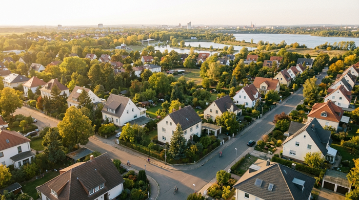 Eine Luftaufnahme der grünen Umgebung von Markkleeberg bei Leipzig im sanften Nachmittagslicht, mit ruhigen Wohnstraßen und Bäumen, die eine friedliche Vorstadtatmosphäre vermitteln.