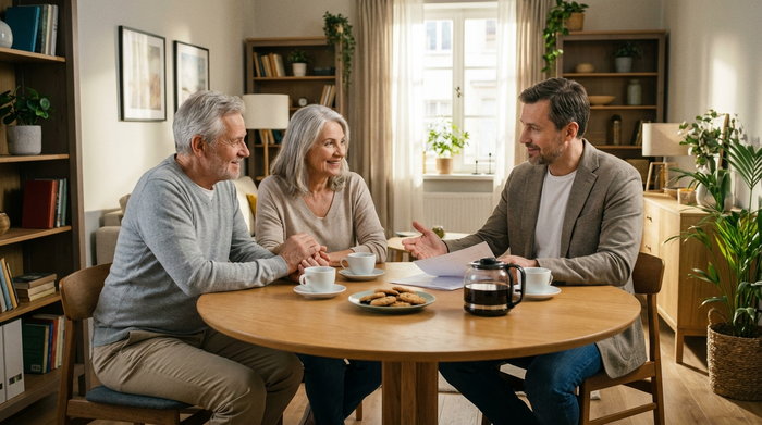 Ein älteres Ehepaar sitzt gemeinsam an einem runden Esstisch und bespricht ruhig mit einem freundlichen Berater einige Unterlagen. Kaffeetassen stehen auf dem Tisch, entspannte und vertrauensvolle Atmosphäre.