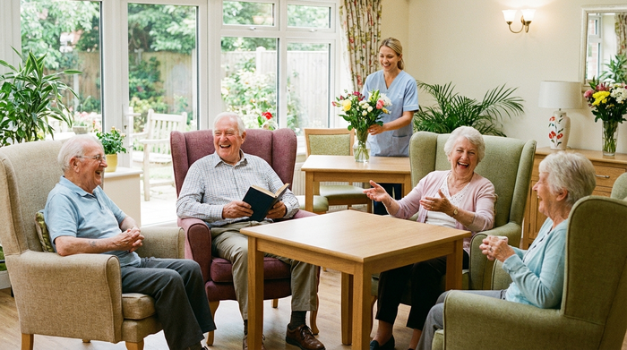 Eine fröhliche Gruppe von Senioren sitzt in einem hellen Gemeinschaftsraum eines Pflegeheims zusammen und lacht. Im Hintergrund kümmert sich eine lächelnde Pflegerin um frische Blumen auf dem Tisch.