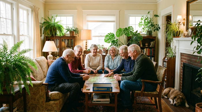 Senioren sitzen in einer hellen, freundlichen Runde zusammen, spielen ein Brettspiel und lachen. Warme Beleuchtung, gemütliche Einrichtung mit vielen grünen Pflanzen.