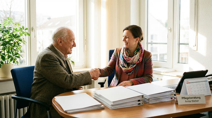 Ein älterer Herr schüttelt einer lächelnden Pflegeberaterin in einem hellen Büro die Hand. Auf dem Tisch liegen ordentlich sortierte, unbeschriebene Dokumente.