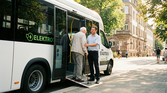Ein freundlicher Fahrer hilft einem älteren Mann behutsam beim Einsteigen in einen modernen, weißen Kleinbus. Sonniges Wetter, städtische Umgebung mit Bäumen im Hintergrund.