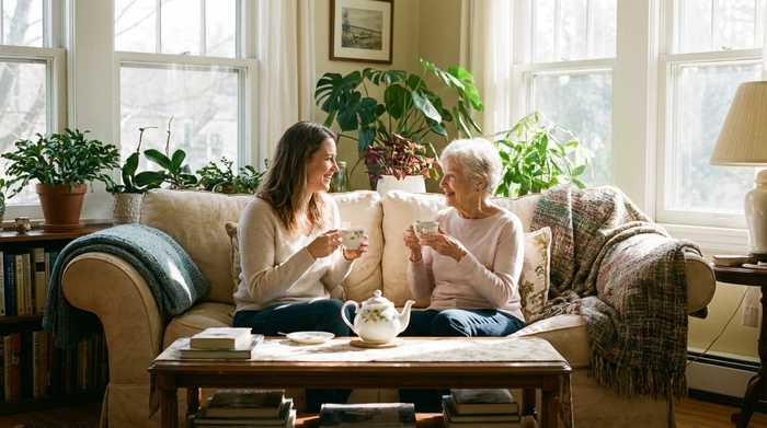 Eine Tochter und ihre ältere Mutter sitzen entspannt auf einem gemütlichen Sofa in einem hellen Wohnzimmer, trinken gemeinsam Tee und lächeln sich liebevoll an.
