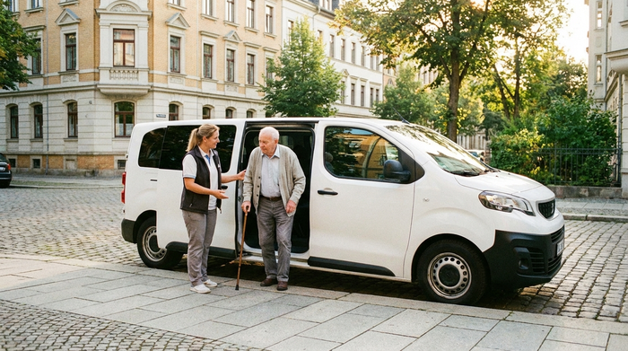 Ein moderner, weißer Kleinbus parkt an einem sauberen Gehweg in einem Leipziger Wohngebiet. Eine freundliche Pflegekraft reicht einem älteren Herrn mit Gehstock stützend die Hand. Sonniges Licht, realistische Szene ohne Text.