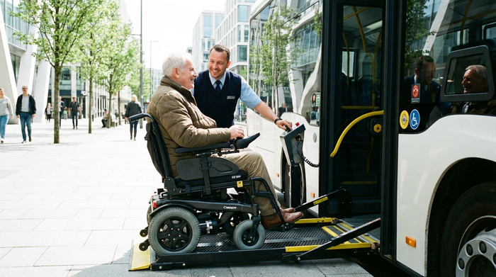 Ein Fahrer bedient konzentriert die hydraulische Hebebühne eines Transportbusses, auf der ein Senior in einem modernen Rollstuhl sicher steht. Beide lächeln sich an. Helle, saubere Umgebung, klare Details.