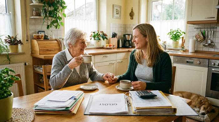 Eine ältere Dame und ihre Tochter sitzen entspannt an einem hellen Küchentisch bei einer Tasse Kaffee und lächeln erleichtert. Auf dem Tisch liegen ordentlich sortierte Papiere. Gemütliche, aufgeräumte Atmosphäre, fotografischer Stil.
