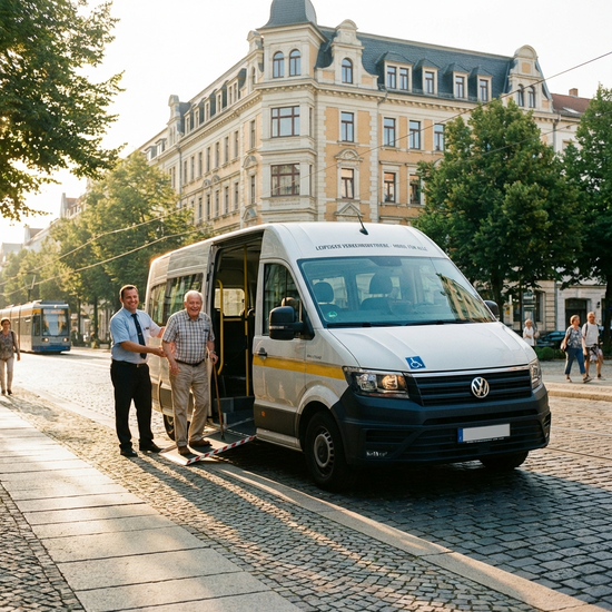 Ein moderner, rollstuhlgerechter Kleinbus hält vor einem gepflegten Leipziger Altbau. Ein freundlicher Fahrer hilft einem älteren Herrn mit Gehstock lächelnd beim Einsteigen. Helles Morgenlicht, positive Stimmung, realistische Szene.