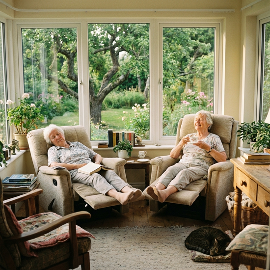 Zwei ältere Damen sitzen in gemütlichen Ruhesesseln in einem lichtdurchfluteten, ruhigen Raum mit Blick auf einen grünen Garten. Sie ruhen sich nach dem Mittagessen entspannt aus. Friedliche Atmosphäre, weiches Licht.