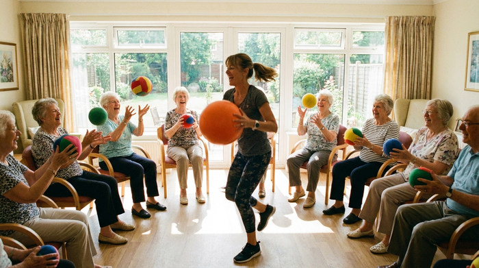 Eine Gruppe von Senioren sitzt im Kreis in einem hellen Raum und macht fröhlich leichte Sitzgymnastik mit bunten, weichen Bällen. Eine motivierende Trainerin macht die Übungen vor. Dynamische, lebensfrohe Szene.