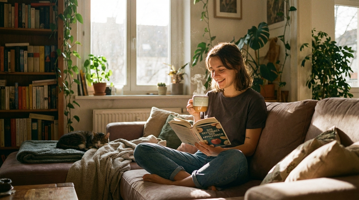 Eine junge Frau sitzt entspannt mit einer Tasse Tee auf ihrem Sofa und liest ein Buch, während Sonnenlicht durch das Fenster fällt. Sie wirkt erleichtert und ruhig. Gemütliches Wohnzimmer, realistische Fotografie.