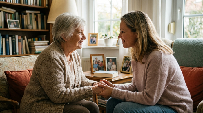 Eine erwachsene Tochter hält liebevoll die Hände ihrer älteren Mutter im Wohnzimmer und spricht beruhigend mit ihr. Beide lächeln sich vertrauensvoll an. Warme, emotionale und realistische Szene.