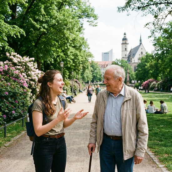 Eine junge, engagierte Alltagsbegleiterin geht mit einem älteren Herrn mit Gehstock an einem sonnigen Tag durch einen grünen Park in Leipzig spazieren. Beide lachen und unterhalten sich angeregt. Realistische Fotografie, helle Farben.