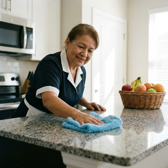 Eine professionelle Reinigungskraft wischt mit einem flauschigen Mikrofasertuch sorgfältig die Küchenarbeitsplatte in einer modernen, sauberen Seniorenwohnung. Im Hintergrund steht ein frischer Obstkorb. Fokus auf Sauberkeit und Entlastung.