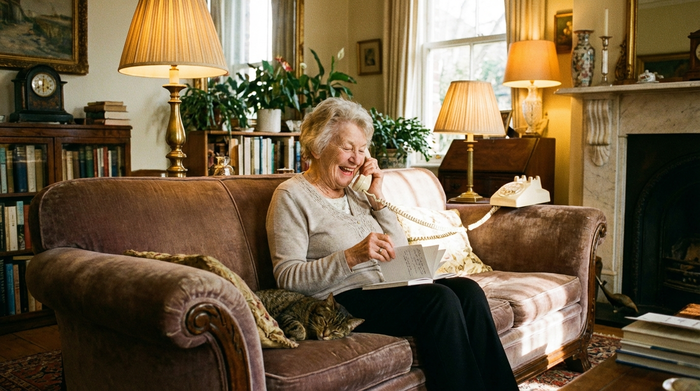 Eine ältere Frau sitzt entspannt auf ihrem bequemen Sofa und telefoniert lächelnd mit einem Festnetztelefon, während sie in einem kleinen Notizbuch blättert. Das Wohnzimmer ist hell und gemütlich eingerichtet. Realistische, warme Beleuchtung.