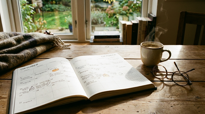 Ein großer, aufgeschlagener Terminkalender liegt auf einem rustikalen Holztisch, daneben eine dampfende Tasse Kaffee und eine elegante Lesebrille. Sanftes Morgenlicht fällt durch das Fenster und beleuchtet die friedliche Szene.