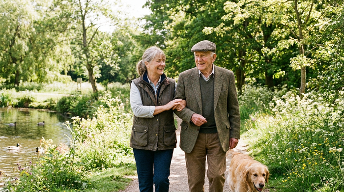 Ein engagierter Alltagsbegleiter und ein Senior spazieren gemeinsam durch einen sonnigen, grünen Park, beide lächeln entspannt und genießen die Natur.