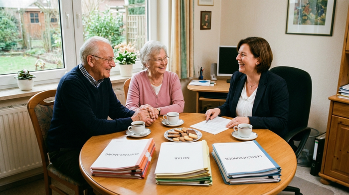 Ein älteres Ehepaar sitzt mit einer freundlichen Beraterin an einem runden Holztisch, vor ihnen liegen übersichtlich sortierte Dokumente und Kaffeetassen.