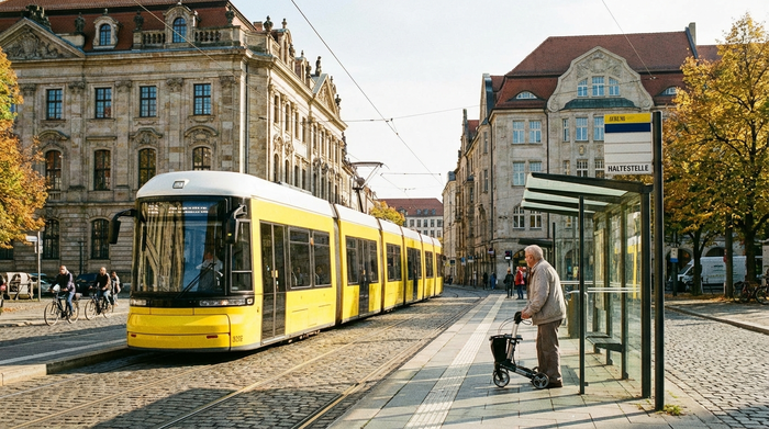 Eine moderne, gelbe Straßenbahn fährt an historischen Gebäuden vorbei, während ein Senior mit seinem Rollator sicher an der hellen Haltestelle wartet.