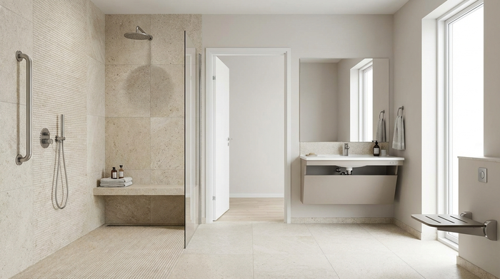 Ein modernes, barrierefreies Badezimmer mit einer ebenerdigen Dusche, rutschfesten hellen Fliesen und einem sicheren, stabilen Haltegriff an der Wand.