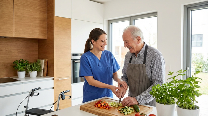 Eine liebevolle Pflegekraft hilft einem älteren Herrn beim Vorbereiten einer Mahlzeit in einer modernen, sauberen Küche. Frisches Gemüse liegt auf dem Schneidebrett. Beide lächeln sich an und wirken entspannt.