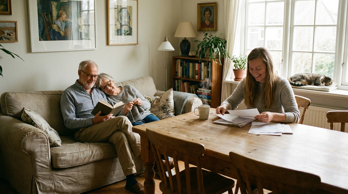 Ein älteres Ehepaar sitzt entspannt auf einem bequemen Sofa im Wohnzimmer, während die erwachsene Tochter am Holztisch sitzt und Papiere sortiert. Eine Tasse Kaffee steht auf dem Tisch. Die Stimmung ist beruhigt und zuversichtlich.